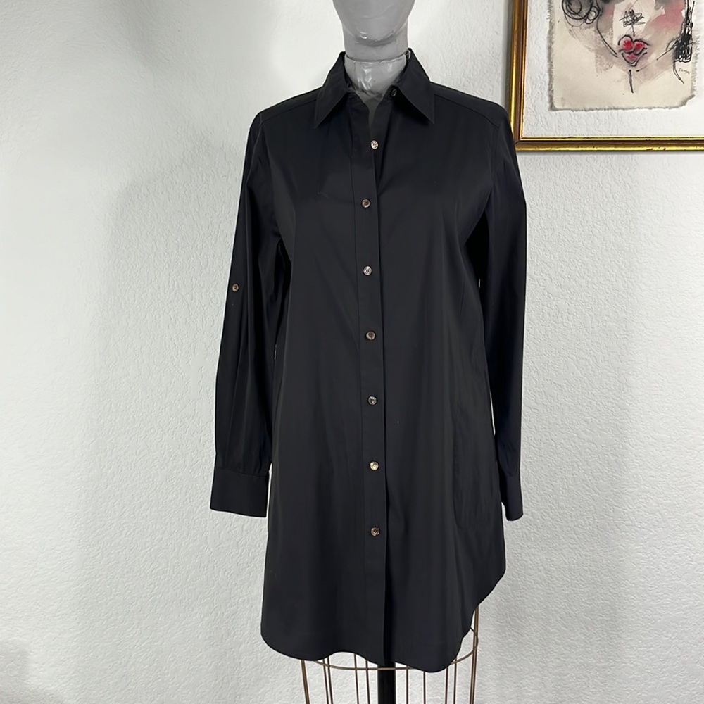 Lafayette 148 Poplin Shirt Dress Tunic Curved Hem Pockets Button Down